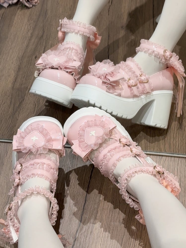 Straps High Kei Ruffled Applique Top Shoes in with Jirai Lace Block Heart Bow Pink Detailed Heel - Platform