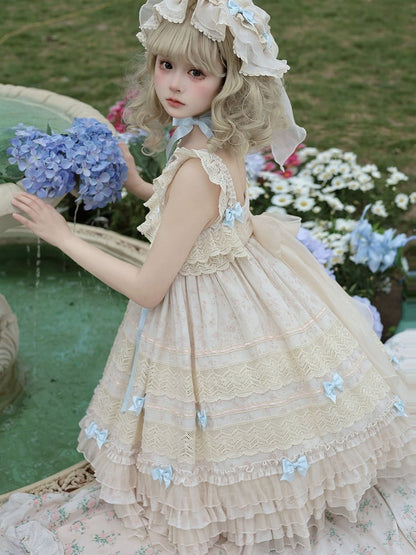 with Layered Dress Blue Accents Sweet Lolita Bow and Ruffles Sleeves Apricot Flutter