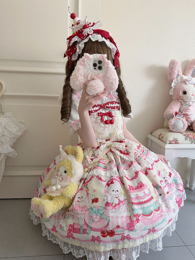 Süßes Kleid Cakes Bunny Gelber Print und Rock Lolita Pullover