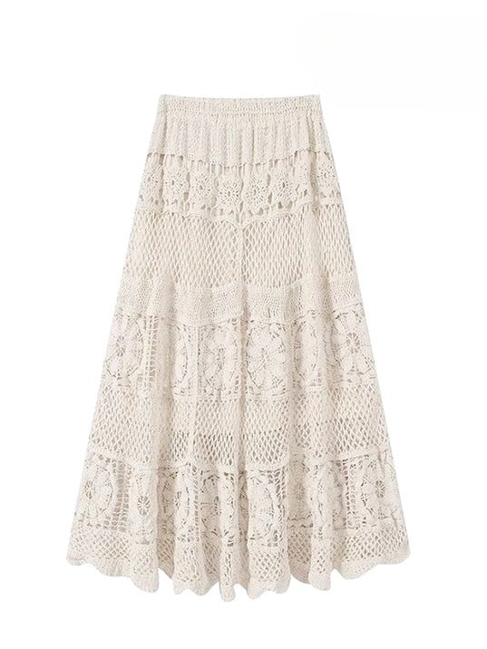 花柄ドレス ホワイト アシンメトリー イエロー ベージュ ホリデーセット - 透け感のある刺繍 + スカート裾