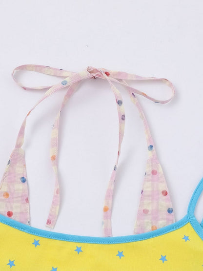 Sweet Cool Kawaii Yellow Fake Two-Piece Halter Camisole Top with Star and Lemon Prints - Languid Park