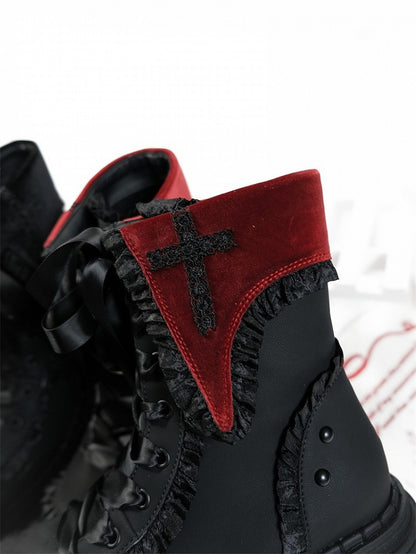 Red Gothic Studded Ankle with Accents Cross Boots Platform Details Black