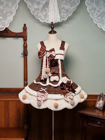 Kleid und Lolita-Overall mit gewelltem braun-weißem Rand und Pompons und Schleifen