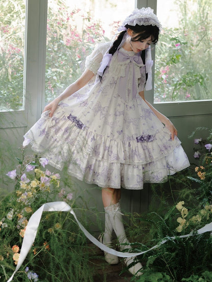 Purple Big Bowknot on Neckline Bows Print Double Layered Lolita Dress