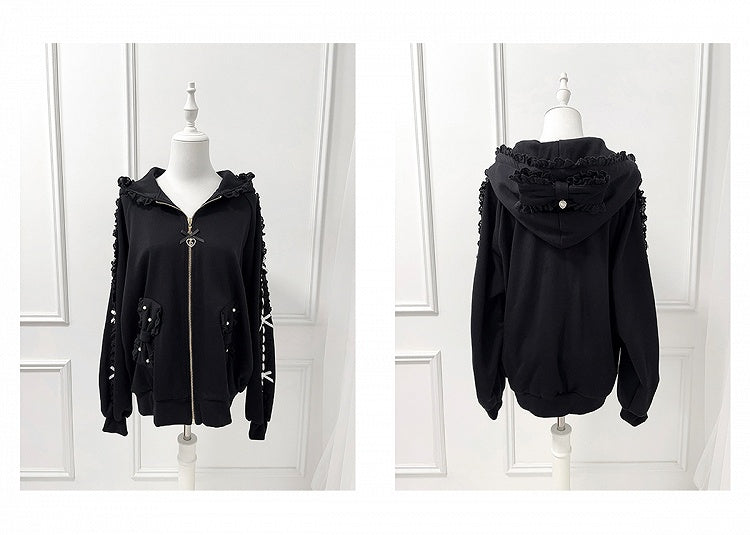 Perforated Jirai Kei Black/White Hoodie Bead-Embellished Bow Jacket: Pockets Sleeve with