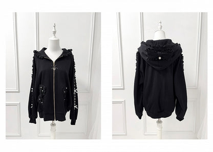 Perforated Jirai Kei Black/White Hoodie Bead-Embellished Bow Jacket: Pockets Sleeve with