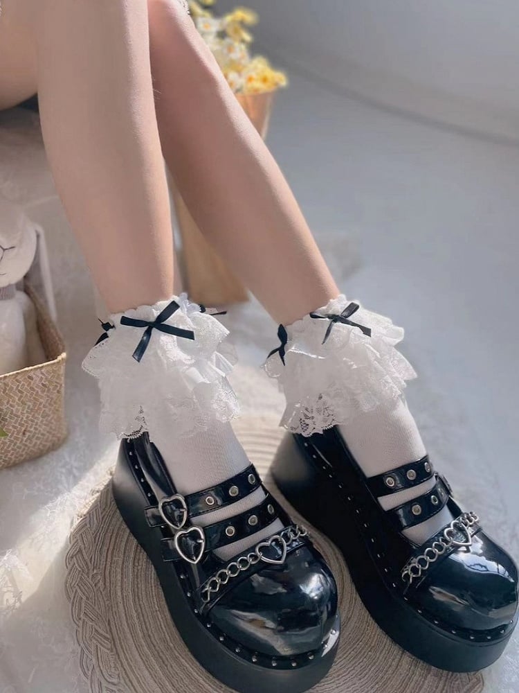 Black/White Cuff Bow Socks Lace Three-layered
