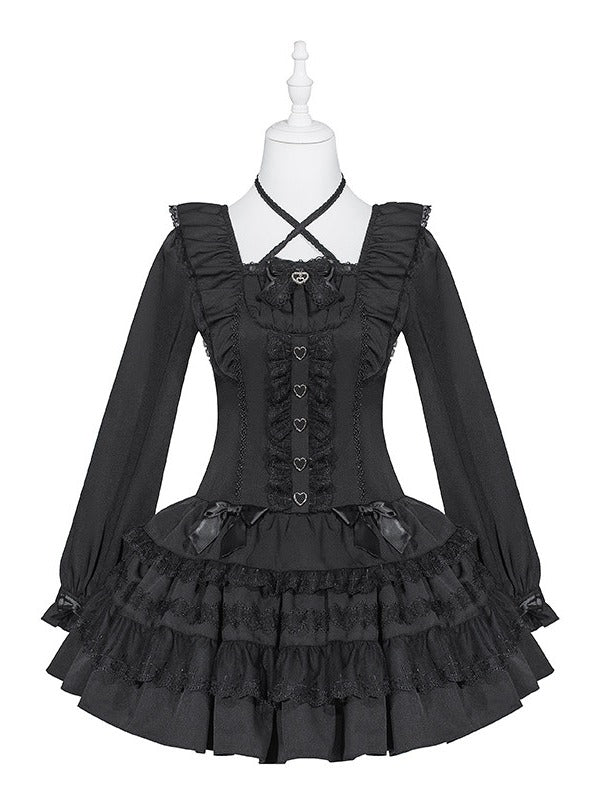 Jirai Kei Pure Black Halter-Neck Tiered Ruffle Dress with Bow Accents & Long Sleeves - Puppet Bombs