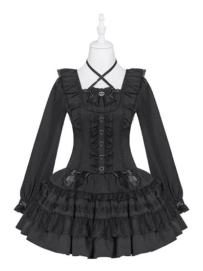 Jirai Kei Pure Black Halter-Neck Tiered Ruffle Dress with Bow Accents & Long Sleeves - Puppet Bombs