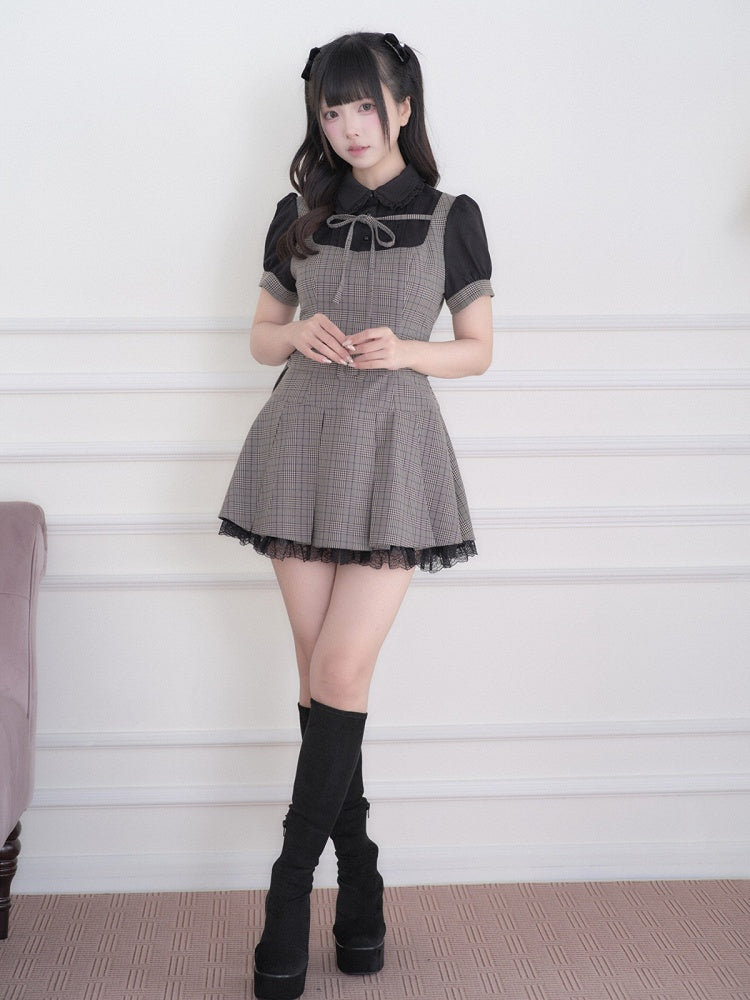 Black Jirai Kei Fake Two-Piece Plaid Short Sleeve Dress with Lace Detail and Belt - No Genki