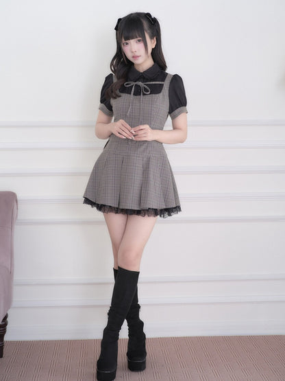 Black Jirai Kei Fake Two-Piece Plaid Short Sleeve Dress with Lace Detail and Belt - No Genki