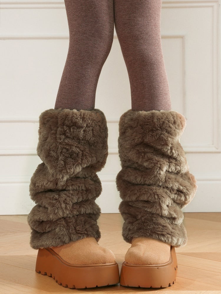 Warm Long/Short Fleece Version Warmers Leg Beige/Brown