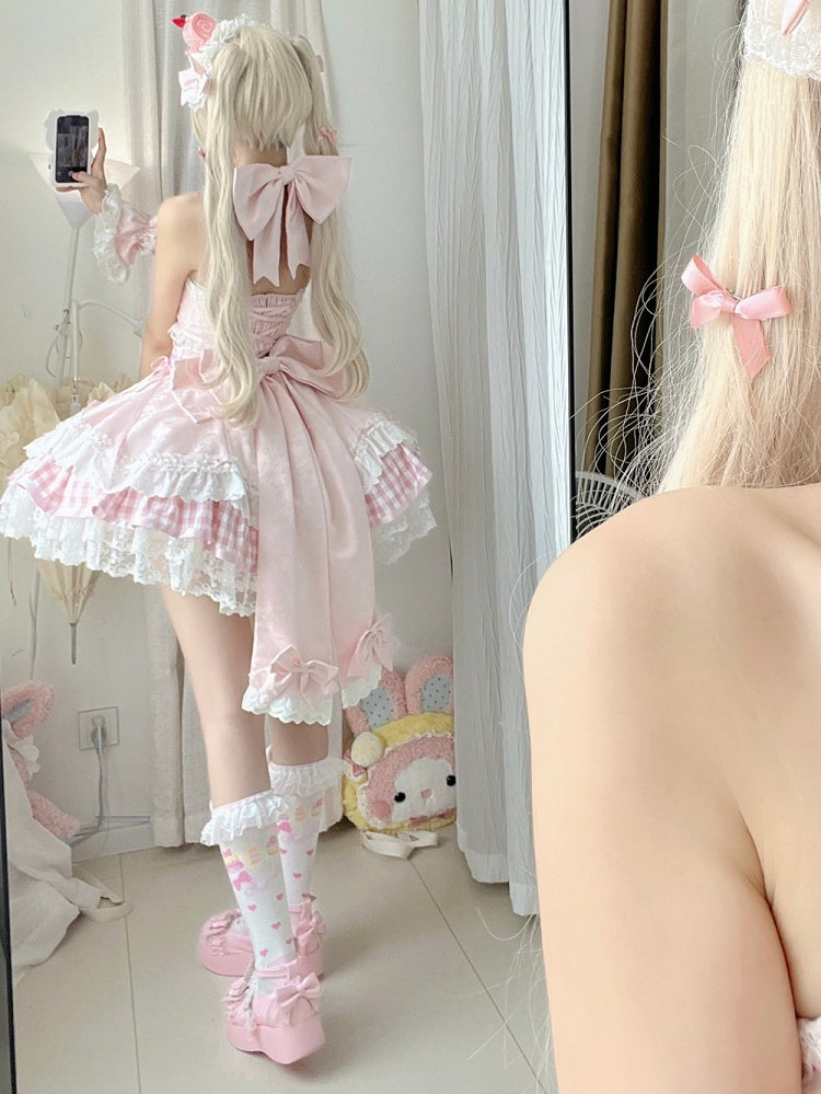 Set Accents Sweet Lolita Idol Pink Neck Bow Dress Halter Sakura / JSK Full