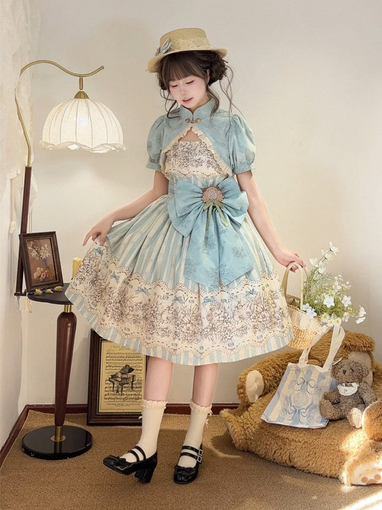 Clock Print and Short Blue Version Lolita Classic Floral Skirt Jumper