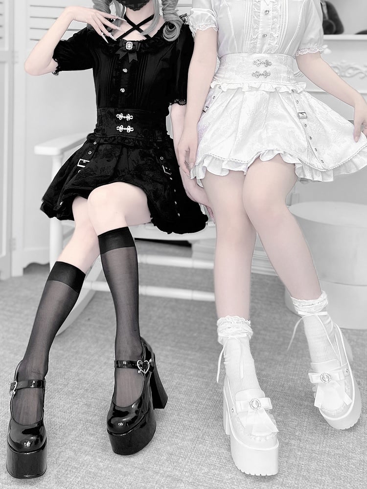 Techwear Style Jirai Kei Knot Skirt White with Cheongsam Buttons Jacquard