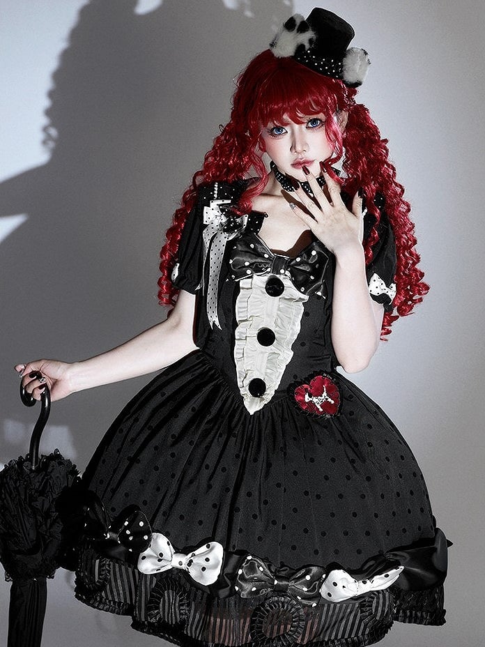 Black White Polka Dot Gothic Lolita Jumper Skirt with Bows Striped Hem - Tan Tuan