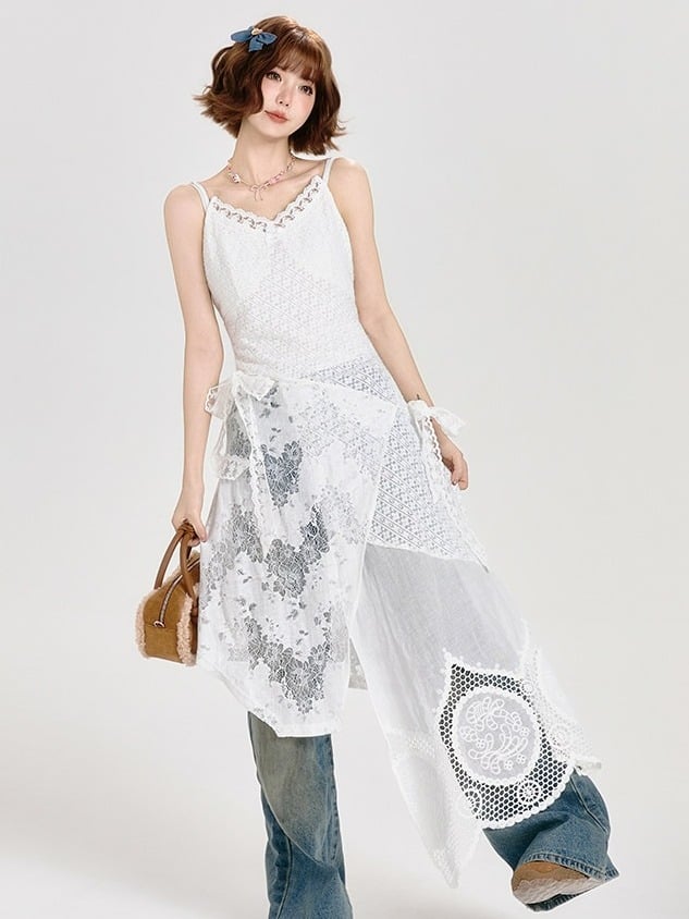 Lace Patchwork White Adjustable Layered Slip Dress - Girlyhalo