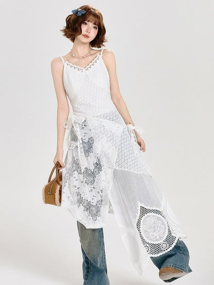 Lace Patchwork White Adjustable Layered Slip Dress - Girlyhalo