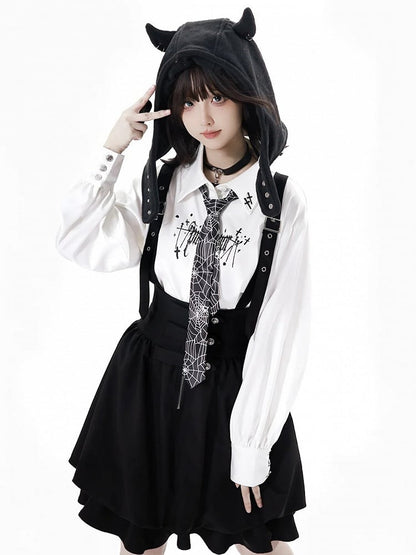 Gothic Casual Cross Shirt Print Incantation Longline/Short White with