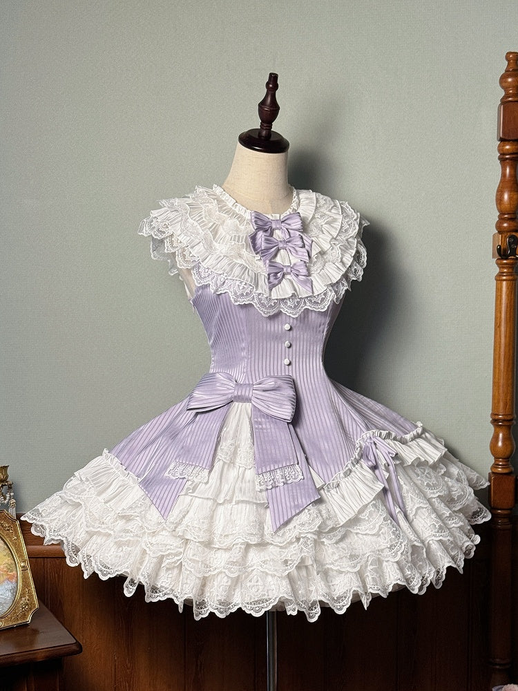 Lila gestreiftes Stoff Slim Fit Taille Weiß Lagen Rüschenhals Süßes ärmelloses Lolita Kleid
