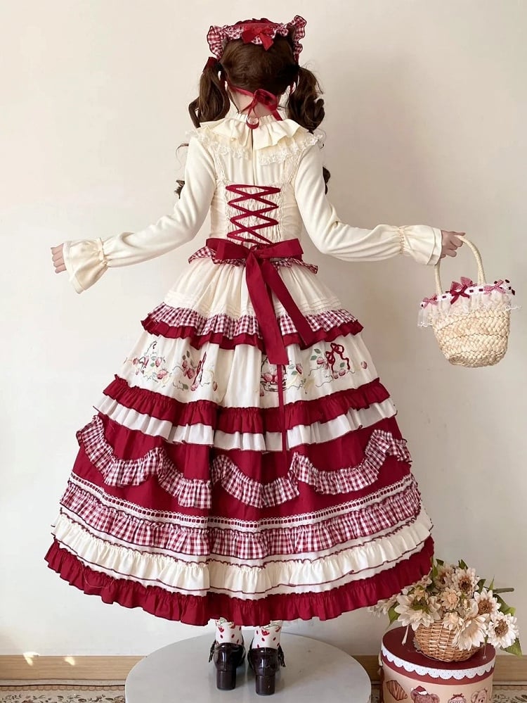 White Strawberry Dress Embroidery Red Ruffles Layered Sweet with Lolita
