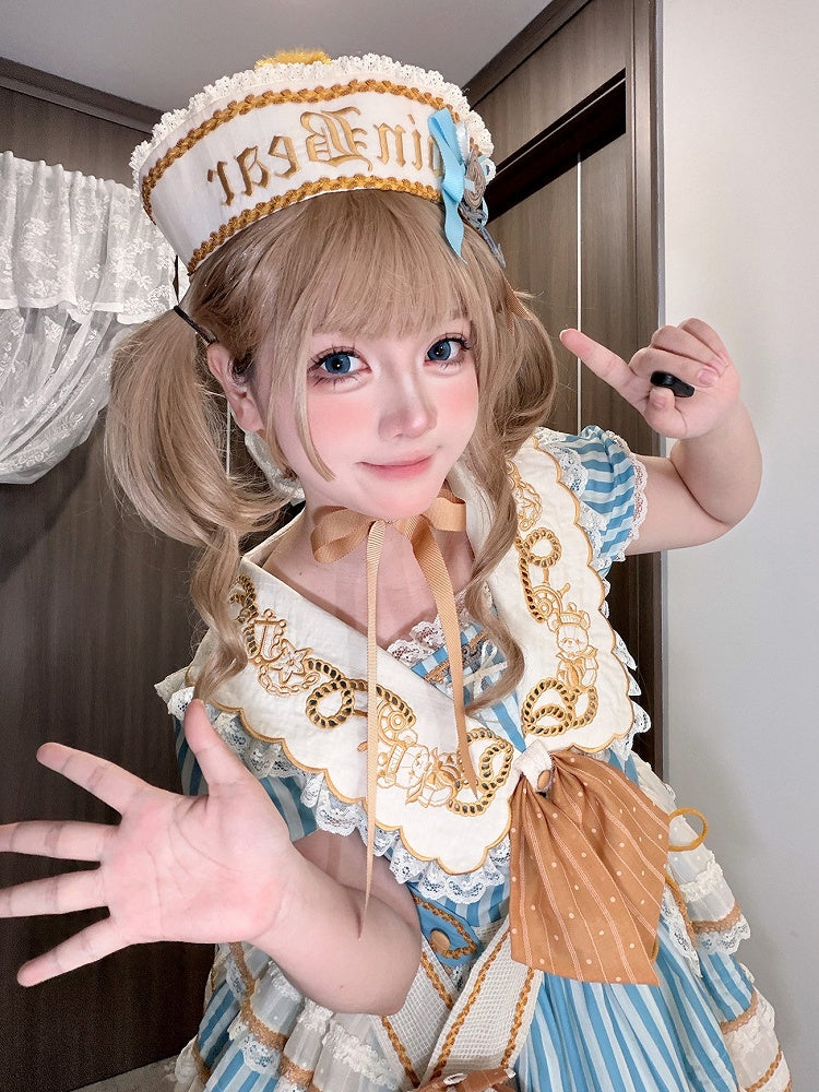 Bear Embroidered Sailor Lolita Hat with Pom-Pom - Twin Bear Original Design