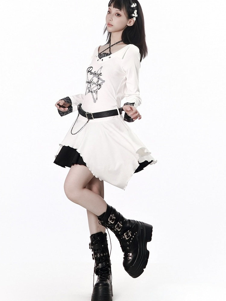 Retro Kawaii Halter V-Neck Long Sleeve Dress with Uneven Hemline & Printed Accents - PINK SAVIOR