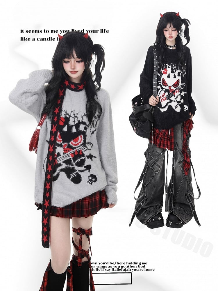 Design with Punk Rock Sweater Plush Black/Gray Guitarist Cartoon