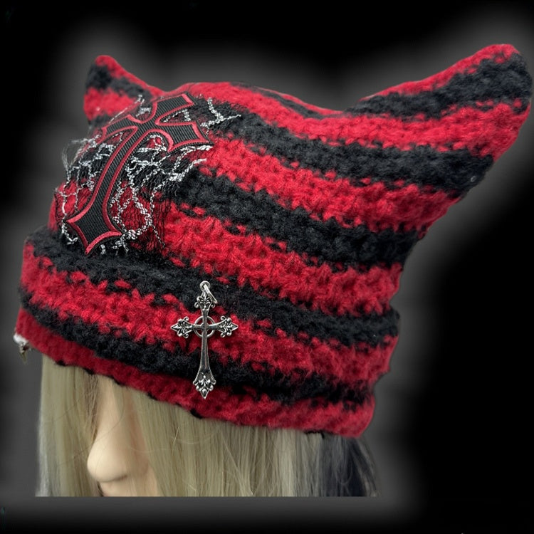 Red and Black Cross Applique Studs Punk Cat Ears Striped Beanie