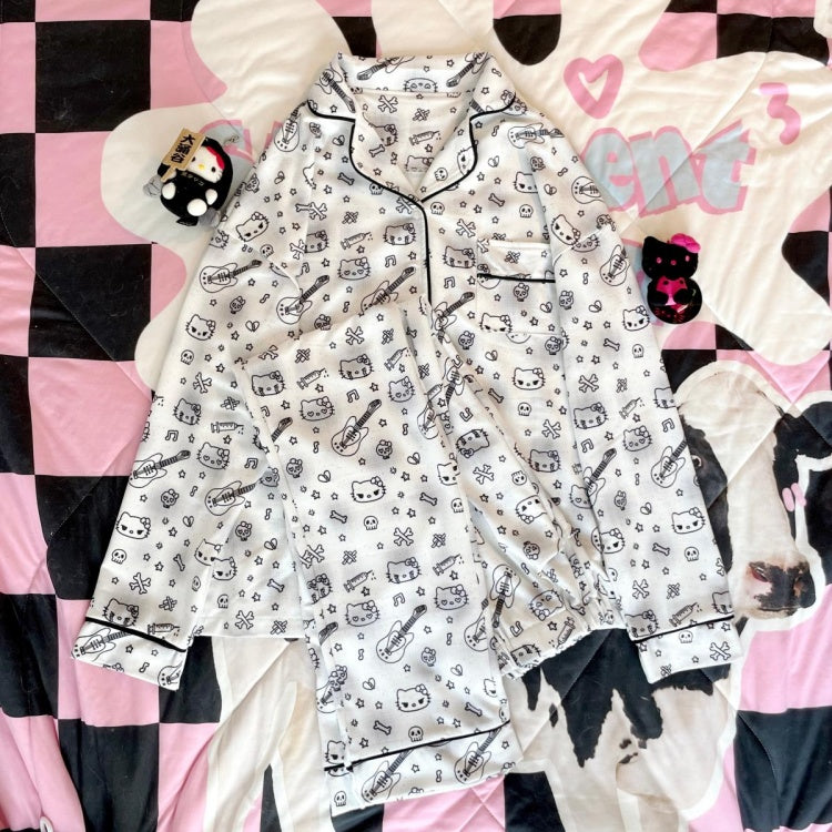 Weißes Pyjama-Set mit Kätzchen- und Gitarren-Print