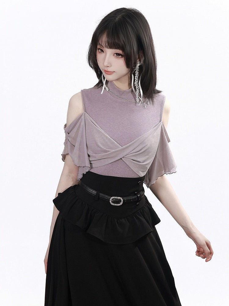 Dusty Purple Cutout Shoulder Top with Star Chain Decor - PINK SAVIOR