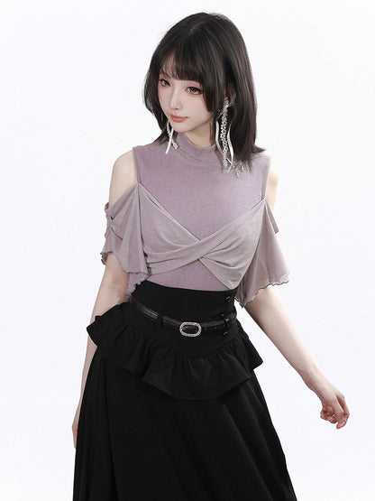 Dusty Purple Cutout Shoulder Top with Star Chain Decor - PINK SAVIOR