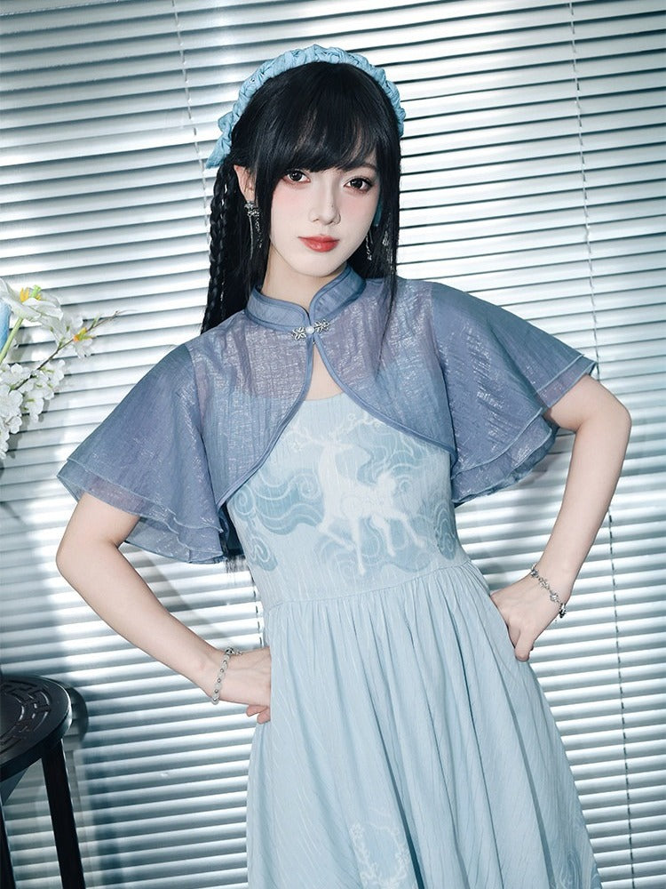 Blue Flutter Sleeve Cropped Top with Frog Button Detail - Quirky Hut