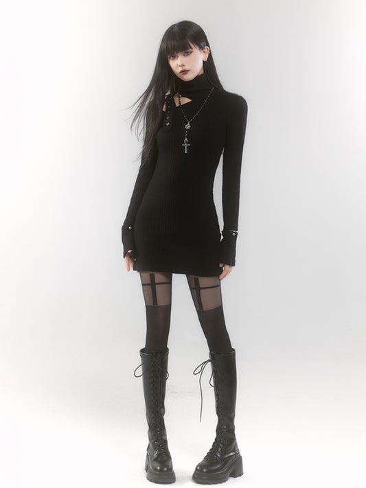 Black High Neck Cutout Shoulder Buckle Strap Thigh-length Knitted Dress
