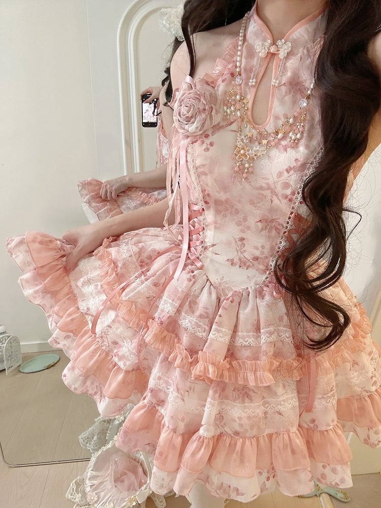 Qipao-Style Floral Halter Details Pattern with Lace Pink Dress Button Lolita Sweet Neck