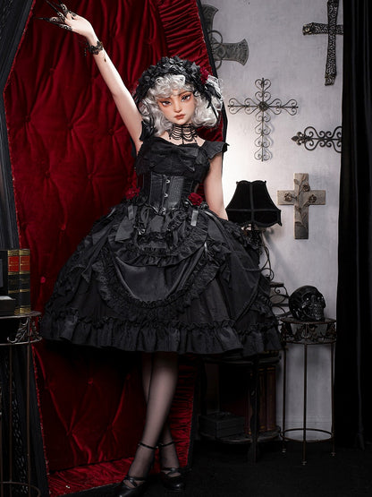 with Black Gothic Lolita Straps Dress Jacquard Shoulder Bat-wing Curved