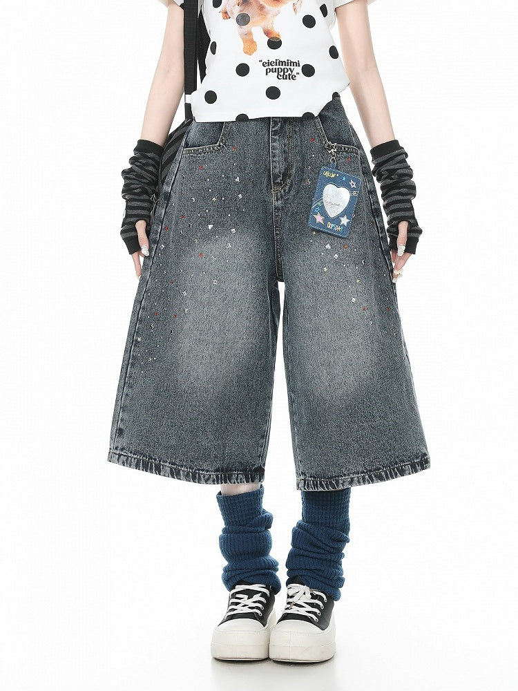 Washed Blue Cropped Wide Leg Rhinestone Jeans - Languid Park