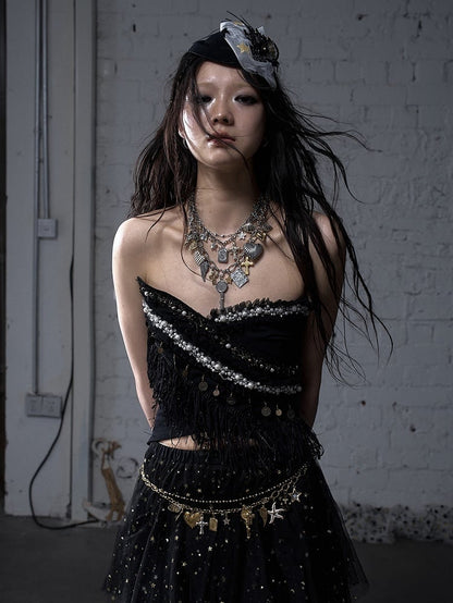 Black/White Crossover Design Bead Hem Details Fringe Baroque