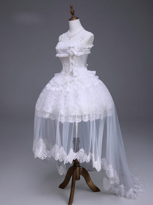 White Lace-Up JSK Dress with Floral Brooch and Overlay - Airfreeing