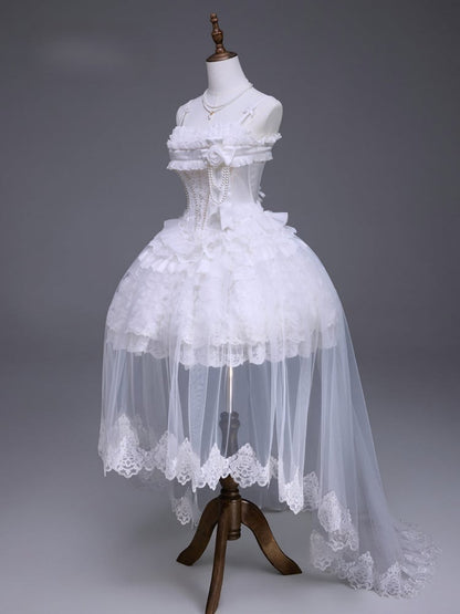 White Lace-Up Lolita JSK with Brooch and Overlays - Airfreeing