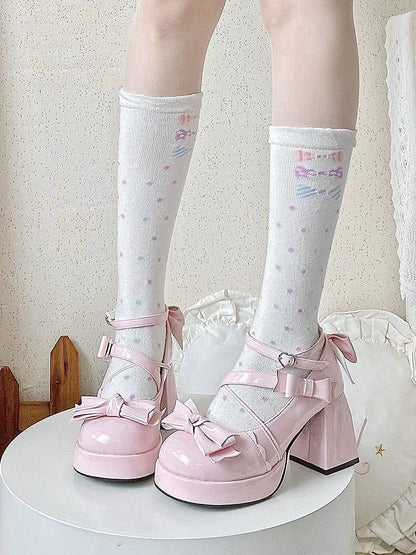 Pink Sweet Lolita 8 cm High Block Heel Mary Janes with Bow Accents & Heart Snap