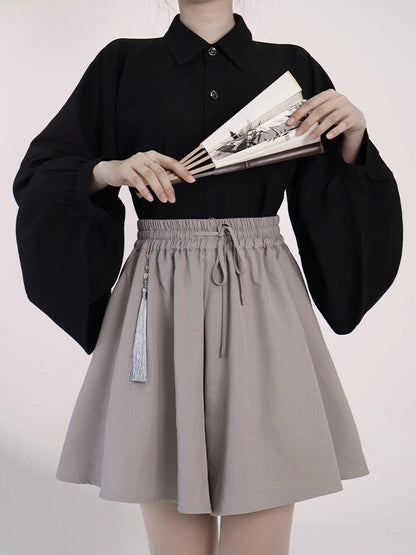 Gray Drawstring Elastic Waist Skort with Tassel Decoration - Feng Hua Gui Guo Ling