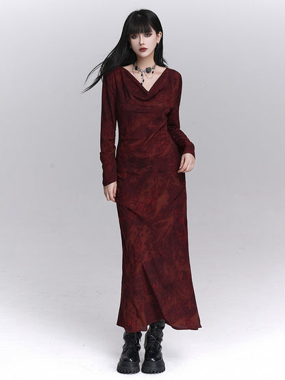 Fall with Gothic Ankle-Length Dress Adjustable Mermaid Red Tie Cuffs