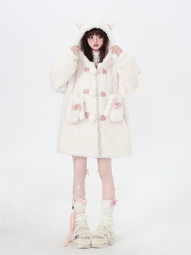 Weißer, süßer, dicker Kapuzenmantel mit Katzenohren und kostenlosen Handschuhen