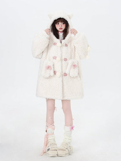 Weißer, süßer, dicker Kapuzenmantel mit Katzenohren und kostenlosen Handschuhen