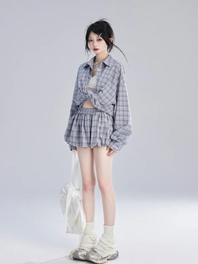 Lockeres blau-weiß kariertes Vintage-Shirt/Ballerrock