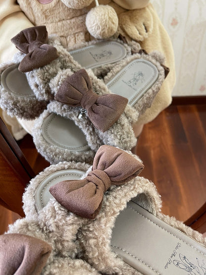 Braune süße Schleife Akzente Lamm Ohren Plattform Winter Slipper