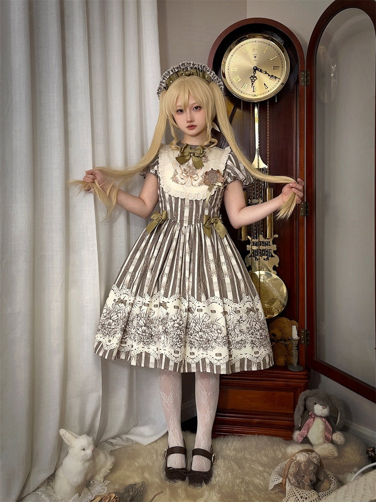 Version Lolita Embroidery Bodice Floral Pattern One and Brown Bowknot Short Striped Piece Classic