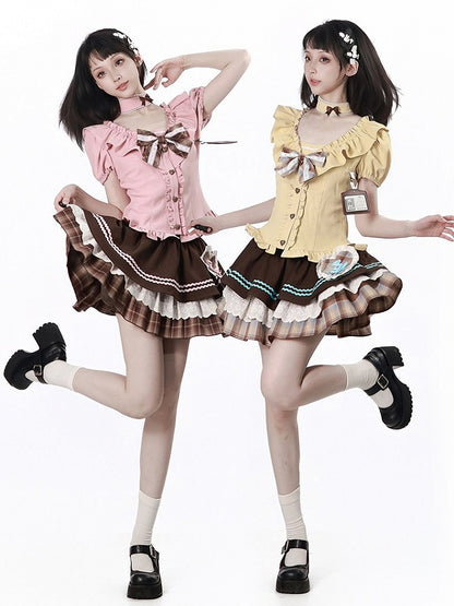 Tiered Skirt with Lace Trim and Plaid Heart Patch in Brown and Blue - PINK SAVIOR