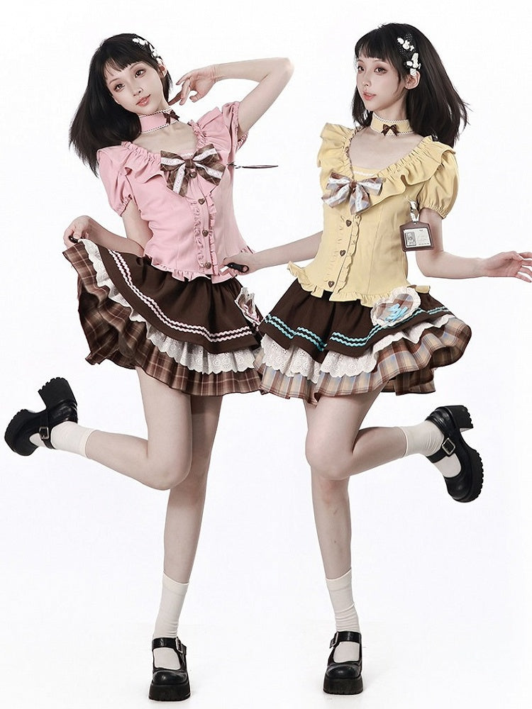 Sweet Kawaii Yellow Puff Sleeve Waist-Cinching Blouse with Ruffles, Bow, and Choker Set - PINK SAVIOR